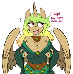 Size: 1711x1721 | Tagged: suggestive, artist:redxbacon, derpibooru import, oc, oc:princess olemus, alicorn, anthro, alicorn oc, anthro oc, belt, belt jewelry, big breasts, blushing, breasts, busty oc, cleavage, clothes, collar, dialogue, dress, female, horn, image, jewelry, jpeg, long dress, multicolored hair, off shoulder, simple background, smiling, solo, solo female, wings