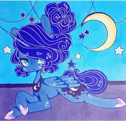 Size: 720x695 | Tagged: accessories, alicorn, artist:dollbunnie, bun hairstyle, derpibooru import, different hairstyle, eyebrows, instagram, marker drawing, missing accessory, moon, night, princess luna, safe, solo, stars, traditional art