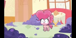 Size: 960x480 | Tagged: safe, derpibooru import, screencap, pinkie pie, earth pony, pony, my little pony: pony life, princess probz, spoiler:pony life s01e01, cup, door, female, mare, solo, sugarcube corner, sugarcube corner (interior), table, teacup, thousand yard stare, wide eyes, window