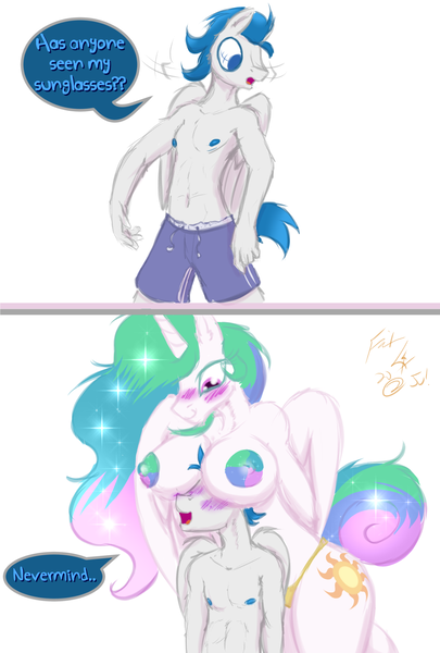 Size: 1056x1563 | Tagged: source needed, questionable, artist:frist44, derpibooru import, princess celestia, oc, oc:dreamy daze, alicorn, anthro, pegasus, 2 panel comic, areola, big areola, big breasts, blushing, boobhat, breasts, busty princess celestia, canon x oc, clothes, comic, female, huge breasts, male, nipples, nudity, partial nudity, prize on the eyes, pun, shipping, skittle nipples, straight, these are my glasses, these aren't my glasses, topless
