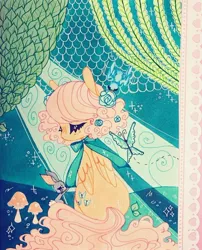 Size: 720x891 | Tagged: animal, artist:dollbunnie, bird, blue bird, blue roses, bowtie, butterfly, cute, derpibooru import, detailed background, different hairstyle, eyes closed, flower, fluttershy, hairpin, instagram, long ears, marker drawing, mushrooms, pegasus, rabbit, rose, safe, short hair, traditional art