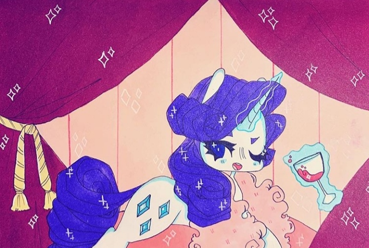 Size: 720x484 | Tagged: artist:dollbunnie, bed, bedroom, clothes, derpibooru import, eyebrows, glass, instagram, magic, marker drawing, one eye closed, open mouth, rarity, rarity's bedroom, safe, scarf, semi-suggestive, smiling, solo, traditional art, wine glass, wink