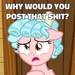 Size: 600x600 | Tagged: safe, deleted from derpibooru, derpibooru import, screencap, cozy glow, pegasus, pony, marks for effort, caption, clubhouse, cropped, crusaders clubhouse, door, female, filly, floppy ears, image macro, kinkshaming, meme, reaction image, solo, text, vulgar, why would you post that, wood, wooden door