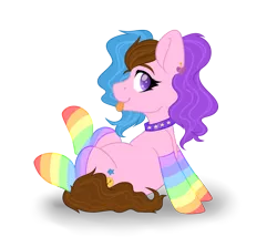 Size: 4584x4091 | Tagged: safe, artist:hellishprogrammer, derpibooru import, oc, oc:sunshine smiles (ice1517), unofficial characters only, earth pony, pony, :p, choker, clothes, commission, ear piercing, earring, female, heart eyes, jewelry, mare, multicolored hair, piercing, rainbow socks, simple background, sitting, socks, solo, striped socks, tongue out, transparent background, wingding eyes, ych result