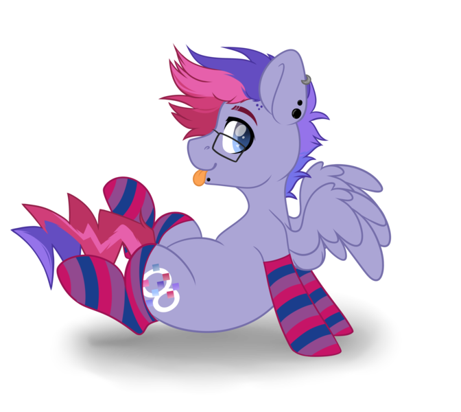 Size: 4584x4091 | Tagged: safe, artist:hellishprogrammer, derpibooru import, oc, oc:ultraviolet ray, unofficial characters only, pegasus, pony, icey-verse, :p, bisexual pride flag, clothes, commission, ear piercing, earring, glasses, heart eyes, jewelry, lip piercing, magical lesbian spawn, male, multicolored hair, offspring, parent:oc:elizabat stormfeather, parent:tempest shadow, parents:canon x oc, parents:stormshadow, piercing, pride, pride flag, simple background, sitting, socks, solo, stallion, striped socks, tongue out, transparent background, wingding eyes, ych result