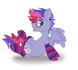 Size: 4584x4091 | Tagged: safe, artist:hellishprogrammer, derpibooru import, oc, oc:ultraviolet ray, unofficial characters only, pegasus, pony, icey-verse, :p, bisexual pride flag, clothes, commission, ear piercing, earring, glasses, heart eyes, jewelry, lip piercing, magical lesbian spawn, male, multicolored hair, offspring, parent:oc:elizabat stormfeather, parent:tempest shadow, parents:canon x oc, parents:stormshadow, piercing, pride, pride flag, simple background, sitting, socks, solo, stallion, striped socks, tongue out, transparent background, wingding eyes, ych result