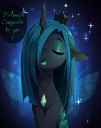 Size: 2820x3564 | Tagged: safe, artist:magnaluna, derpibooru import, queen chrysalis, changeling, changeling queen, :<, blushing, crown, cute, cutealis, dialogue, eyes closed, fangs, female, hair over one eye, jewelry, open mouth, regalia, speech bubble