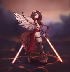 Size: 2000x2062 | Tagged: anthro, artist:ketlimur, derpibooru import, fantasy, female, lightsaber, oc, oc:ondrea, plantigrade anthro, safe, solo, star wars, tail, tiptoe, unofficial characters only, weapon, wings