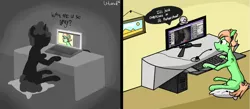 Size: 2285x1000 | Tagged: safe, artist:uteuk, derpibooru import, earth pony, pony, unicorn, 2 panel comic, black and white, comic, computer, grayscale, laptop computer, microphone, monitor, monochrome, picture, pillow, table, webcam