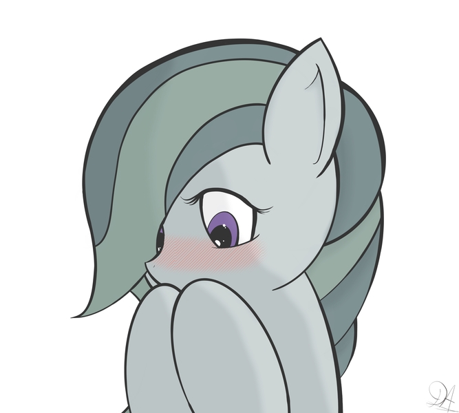 Size: 3218x2895 | Tagged: safe, artist:drawalaverr, derpibooru import, marble pie, earth pony, pony, blushing, female, looking down, mare, shy, simple background, solo