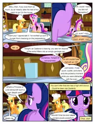Size: 612x792 | Tagged: safe, artist:newbiespud, derpibooru import, edit, edited screencap, screencap, applejack, princess cadance, twilight sparkle, earth pony, pony, unicorn, comic:friendship is dragons, a canterlot wedding, cake, chef's hat, clothes, comic, confused, dialogue, disguise, disguised changeling, eyes closed, food, freckles, frown, grin, hat, hoof hold, hoof shoes, horn, indoors, jewelry, kitchen, ladder, looking back, magic, mouth hold, oven, paper bag, peytral, screencap comic, smiling, tiara, trash can, tray, unicorn twilight, wedding cake