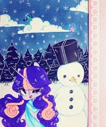 Size: 720x861 | Tagged: artist:dollbunnie, clothes, cloud, cute, derpibooru import, detailed background, eyebrows, forest background, instagram, marker drawing, night, one eye closed, open mouth, pine tree, safe, scarf, smiling, snowman, starry night, stars, traditional art, tree, twilight sparkle, wink, winter