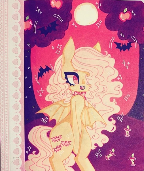 Size: 720x850 | Tagged: safe, artist:dollbunnie, derpibooru import, fluttershy, bat, bat pony, apple, apple core, apple tree, bat ponified, eyebrows, flutterbat, food, full moon, hair over one eye, instagram, marker drawing, moon, night, open mouth, race swap, red eyes, smiling, traditional art, tree