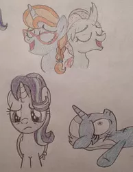 Size: 929x1200 | Tagged: safe, artist:jebens1, derpibooru import, bright eyes, ocellus, starlight glimmer, trixie, changeling, unicorn, road to friendship, sad eyes, side by side, singing, song in the description, song reference, spongebob squarepants, traditional art