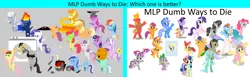 Size: 2600x800 | Tagged: semi-grimdark, artist:chicken-cake, derpibooru import, apple bloom, applejack, berry punch, berryshine, big macintosh, bon bon, carrot top, daring do, derpy hooves, diamond tiara, discord, doctor whooves, flash sentry, fluttershy, golden harvest, lyra heartstrings, minuette, octavia melody, pinkie pie, princess celestia, princess luna, rainbow dash, rarity, scootaloo, silver spoon, spike, sugar belle, sunset shimmer, sweetie belle, sweetie drops, time turner, twilight sparkle, oc, bear, bee, fish, insect, pony, rattlesnake, snake, unicorn, wasp, abuse, amble, animal costume, anvil, balloon, beehive, bipedal, bisection, blood, blue flu, bone, broken glass, broken horn, burnt, car, charred, chewing, clothes, cloud, comparison, costume, crash landing, crushed, cute, cutie mark crusaders, death, decapitated, door, dumb ways to die, eating, explosion, female, filly, fire, flattened, food, fork, furless, glass, glue, glue bottle, green face, half, headless, horn, hornless unicorn, hot dog, impatience, impatient, implied death, injured, male, mane seven, mane six, mare, meat, medicine, microphone, missing horn, modular, money, money bag, parody, partial nudity, piranha, pointy ponies, powerpoint, pukie pie, red button, sausage, scar, scratches, severed head, shot, sick, simple background, singing, space, space helmet, spikeabuse, stallion, steering wheel, stiched, stiches, stick, super glue, that pony sure does love humans, toaster, train, train station, twilight sparkle production's mlp dumb ways to die series, unicorn twilight, vomit, vomiting, washing machine, wasp nest, weight, white background