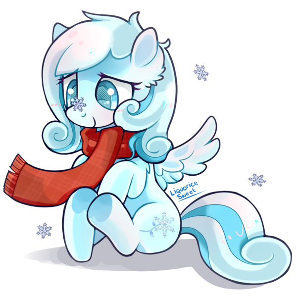 Size: 2000x2000 | Tagged: artist:liquorice_sweet, blushing, checkered scarf, clothes, cute, derpibooru import, female, filly, foal, oc, oc:snowdrop, safe, scarf, simple background, sitting, snow, snowbetes, snowflake, solo, transparent background, unofficial characters only