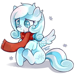 Size: 2000x2000 | Tagged: artist:liquorice_sweet, blushing, checkered scarf, clothes, cute, derpibooru import, female, filly, foal, oc, oc:snowdrop, safe, scarf, simple background, sitting, snow, snowbetes, snowflake, solo, transparent background, unofficial characters only