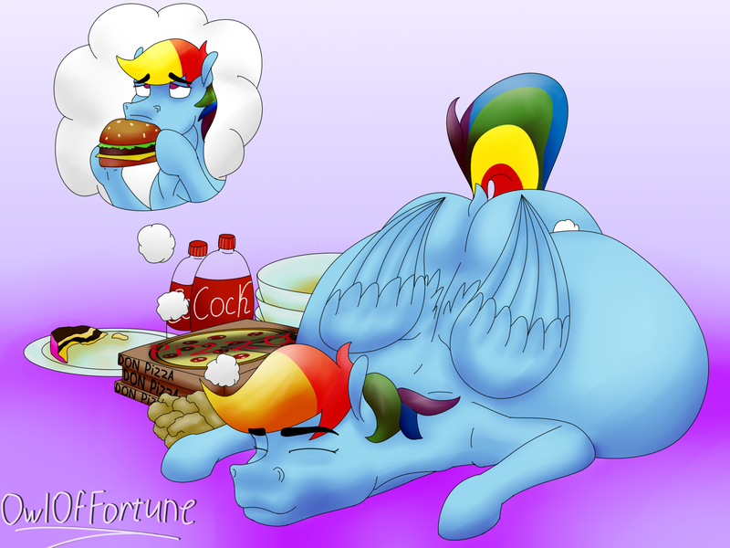 Size: 1920x1440 | Tagged: questionable, artist:owloffortune, derpibooru import, rainbow dash, pegasus, pony, belly, belly bed, big belly, bottle, bowl, dock, fat, fat fetish, feedee, female, fetish, food, food coma, gradient background, huge belly, impossibly large belly, large belly, mare, meat, multicolored hair, nap, pizza box, plate, ponies eating meat, prone, rainblob dash, rainbow hair, simple background, solo, stuffed, stuffed belly, wings