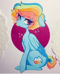 Size: 720x893 | Tagged: alternate cutie mark, alternate hairstyle, artist:dollbunnie, derpibooru import, eyebrows, eyelashes, instagram, marker drawing, pegasus, rainbow dash, safe, short hair, solo, stars, traditional art