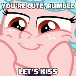 Size: 600x600 | Tagged: safe, deleted from derpibooru, derpibooru import, screencap, cozy glow, pony, the ending of the end, caption, cozy glow is best facemaker, cropped, female, filly, foal, hooves on cheeks, image macro, implied kissing, implied rumble, implied rumbleglow, implied straight, lidded eyes, meme, smug, solo, text