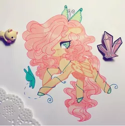 Size: 720x722 | Tagged: artist:dollbunnie, butterfly, butterfly hairpin, crystal, derpibooru import, eyebrows, eyelashes, fluttershy, hair over one eye, hairpin, pegasus, rilakkuma, safe