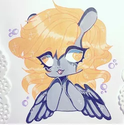 Size: 720x726 | Tagged: artist:dollbunnie, bubble, derpibooru import, derpy hooves, eyebrows, eyelashes, heart eyes, instagram, marker drawing, open mouth, pegasus, safe, smiling, solo, traditional art, wingding eyes