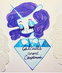 Size: 720x855 | Tagged: safe, artist:dollbunnie, derpibooru import, rarity, unicorn, catcalls aren't compliments, diamond, eyebrows, eyelashes, eyes closed, feminism, makeup, mouthpiece, sad, solo, sparkling mane