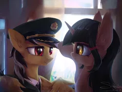 Size: 1920x1440 | Tagged: safe, artist:coldrivez, derpibooru import, oc, unofficial characters only, pegasus, unicorn, clothes, couple, crying, curtain, cute, female, house, looking at each other, male, military hat, necktie, romantic, suit, tears of joy, uniform, window