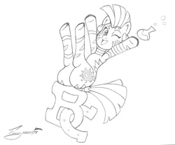 Size: 1642x1363 | Tagged: artist:timmy_22222001, cute, derpibooru import, hooves in air, monochrome, one eye closed, pencil drawing, potion, safe, solo, traditional art, zebra, zecora, zecorable