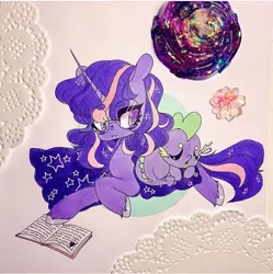 Size: 720x724 | Tagged: safe, artist:dollbunnie, derpibooru import, spike, twilight sparkle, dragon, unicorn, blanket, book, cute, eyebrows, eyelashes, glasses, instagram, marker drawing, sleeping, traditional art