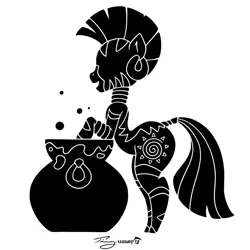 Size: 1479x1480 | Tagged: artist:timmy_22222001, black and white, cauldron, decal, derpibooru import, grayscale, monochrome, safe, silhouette, simple background, solo, the ass was fat, white background, zebra, zecora