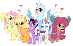 Size: 2359x1499 | Tagged: safe, artist:bubaiuv, deleted from derpibooru, derpibooru import, applejack, fluttershy, pinkie pie, rainbow dash, rarity, twilight sparkle, changedling, changeling, classical hippogriff, dragon, earth pony, gryphon, hippogriff, pony, yak, alternate universe, changedlingified, changelingified, cloven hooves, colored hooves, dragoness, dragonified, female, griffonized, hippogriffied, hipposhy, jewelry, mane six, necklace, pinkie yak, rainbow griffon, rariling, species swap, twilidragon, yakified