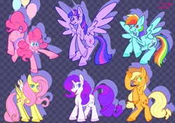 Size: 5400x3800 | Tagged: safe, artist:marykimer, derpibooru import, applejack, fluttershy, pinkie pie, rainbow dash, rarity, twilight sparkle, twilight sparkle (alicorn), alicorn, earth pony, pegasus, pony, rabbit, unicorn, angel, animal, balloon, colored, cutie mark, female, flat colors, mane six, sketch