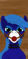 Size: 1205x2500 | Tagged: alternate version, artist:kinkycoconuts, ballgag, blue hair, bridle, choker, derpibooru import, female, floor, freckles, gag, green eyes, mare, oc, oc:annette (lewdpone), pegasus, pegasus oc, spiked choker, stripes, suggestive, tack, unofficial characters only, wings, wood