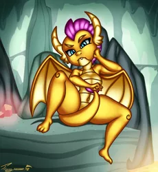 Size: 950x1034 | Tagged: artist:timmy_22222001, belly button, cave, covering, derpibooru import, dragon, older, older smolder, safe, sitting, smolder, solo, tail covering
