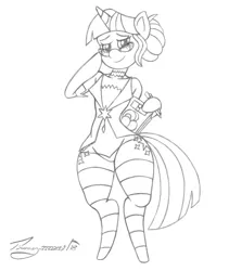 Size: 1073x1271 | Tagged: suggestive, artist:timmy_22222001, derpibooru import, twilight sparkle, semi-anthro, unicorn, alternate hairstyle, book, clothes, female, glasses, hair bun, monochrome, panties, pencil, pencil drawing, sketch, socks, solo, solo female, striped socks, thigh highs, thong, traditional art, underwear, unicorn twilight, wide hips