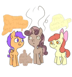 Size: 1000x1068 | Tagged: safe, artist:happy harvey, derpibooru import, apple bloom, scootaloo, sweetie belle, earth pony, pegasus, pony, unicorn, cutie mark crusaders, drawn on phone, endosoma, female, fetish, filly, full tour, humans eating ponies, implied scat, poop, post vore scat, post-vore, recolor, scat, shitty belle, simple background, stink lines, thousand yard stare, transparent background, vore