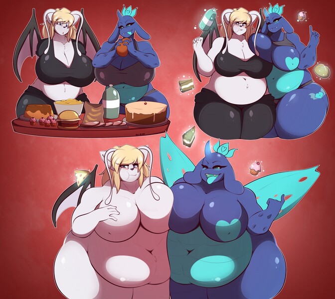Size: 1280x1143 | Tagged: questionable, artist:gin-blade, derpibooru import, oc, oc:sektiss, unofficial characters only, anthro, areola, belly button, big breasts, blue changeling, blushing, breasts, bun, burger, cake, changeling overfeeding, chips, chubby, chunkling, clothes, commission, crown, cupcake, digital art, duo, duo female, eating, fat, female, food, ham, heart areola, horn, huge breasts, inverted nipples, jewelry, meat, nipples, nudity, obese, one eye closed, overweight, pizza, potato chips, pudding, regalia, soda, stuffed, symmetrical docking, thighs, thunder thighs, tongue out, weight gain, weight gain sequence, wide hips, wings