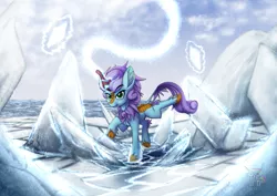 Size: 1323x935 | Tagged: artist:calena, derpibooru import, ice, kirin, kirin oc, oc, oc:searing cold, part of a set, safe, shards, smiling, solo, unofficial characters only, water