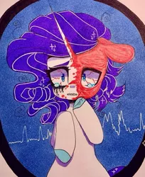 Size: 589x723 | Tagged: grimdark, artist:dollbunnie, derpibooru import, rarity, unicorn, burn scar, crying, eyebrows, eyelashes, injured, instagram, makeup, marker drawing, mirror, scar, smeared makeup, solo, traditional art