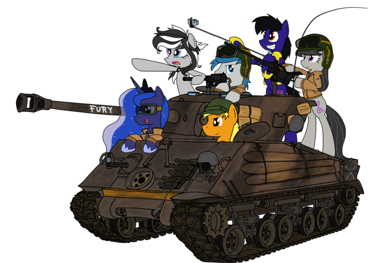 Size: 5625x3780 | Tagged: safe, artist:xphil1998, derpibooru import, octavia melody, princess luna, oc, oc:lipstick mouth, oc:paladin colt, oc:sky shocker, oc:trigger hooves, alicorn, earth pony, pegasus, armor, clothes, crossover, female, fury (movie), goggles, gun, helmet, jacket, m2 browning, m4a3e8, m4 sherman, machine gun, male, mare, royal guard, royal guard armor, selfie stick, simple background, stallion, tank (vehicle), transparent background, uniform, vector, weapon, world war ii