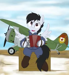 Size: 2350x2560 | Tagged: accordion, artist:xphil1998, biplane, crate, derpibooru import, fighter pilot, fighter plane, male, musical instrument, oc, oc:commissar junior, pegasus, pilot, plane, polikarpov i-15, safe, semi-anthro, sitting, solo, soviet union, spread wings, stallion, unofficial characters only, wings, world war ii