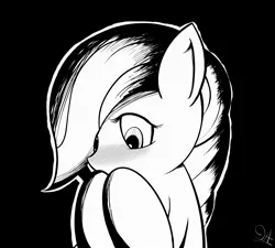 Size: 3218x2895 | Tagged: safe, artist:drawalaverr, derpibooru import, marble pie, earth pony, pony, blushing, female, grayscale, looking down, mare, monochrome, shy, simple background, solo