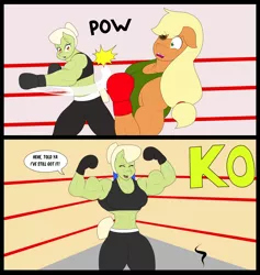 Size: 3168x3336 | Tagged: abs, anthro, applejack, applejacked, artist:matchstickman, biceps, black eye, boxing, boxing gloves, boxing ring, breasts, busty applejack, busty granny smith, clothes, comic, commission, derpibooru import, eyes closed, female, fight, flexing, granny smash, granny smith, hair bun, happy, knockout, muscles, muscular female, pants, punch, safe, speech bubble, sports, sports bra, sweatpants, victory pose