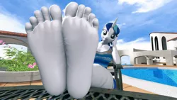 Size: 1920x1080 | Tagged: suggestive, artist:vibronbin13, derpibooru import, shining armor, anthro, plantigrade anthro, unicorn, 3d, barefoot, breasts, clothes, feet, female, fetish, foot fetish, foot focus, gleaming shield, image, jpeg, rule 63, school swimsuit, soles, solo, source filmmaker, swimsuit, toes