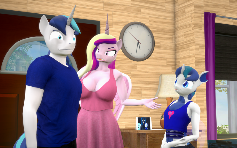 Size: 3464x2160 | Tagged: suggestive, artist:dongly12, derpibooru import, princess cadance, queen chrysalis, shining armor, oc, anthro, changeling, changepony, hybrid, plantigrade anthro, 3d, blue changeling, breasts, busty princess cadance, busty queen chrysalis, cute, cuteling, cute little fangs, fangs, hello darkness my old friend, implied infidelity, interspecies offspring, mistakes were made, offspring, parent:queen chrysalis, parent:shining armor, parents:shining chrysalis, photo, princess cuckdance, revamped anthros, reversalis, source filmmaker, this will end in death, this will end in tears, this will end in tears and/or death