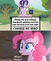 Size: 1000x1200 | Tagged: safe, derpibooru import, edit, edited screencap, screencap, cheese sandwich, pinkie pie, starlight glimmer, pony, unicorn, party of one, :i, :o, change my mind, cheesepie, chocolate, cup, female, food, funny, hot chocolate, i mean i see, male, mematic, meme, open mouth, reaction image, shipping, straight, table, wtf
