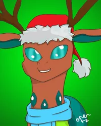 Size: 863x1079 | Tagged: alternate version, anthro, antlers, artist:operfield, bust, changedling, changedling oc, changeling, changeling oc, christmas, christmas changeling, clothes, colored, derpibooru import, gradient background, hat, holiday, oc, reindeer antlers, safe, santa hat, scarf, signature, smiling, solo, unofficial characters only