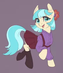 Size: 2590x3000 | Tagged: safe, artist:taytinabelle, derpibooru import, coco pommel, earth pony, pony, button-up shirt, clothes, cocobetes, cute, dock, ear fluff, female, hair accessory, happy, high res, looking at you, mare, open mouth, pleated skirt, raised hoof, simple background, skirt, smiling, socks, solo