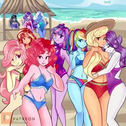 Size: 1280x1280 | Tagged: safe, artist:xjenn9, derpibooru import, applejack, fluttershy, octavia melody, pinkie pie, rainbow dash, rarity, sci-twi, starlight glimmer, sunset shimmer, trixie, twilight sparkle, equestria girls, beach, bikini, clothes, female, humane five, humane seven, humane six, lesbian, looking at you, ocean, one-piece swimsuit, open-back swimsuit, rarijack, shipping, swimsuit